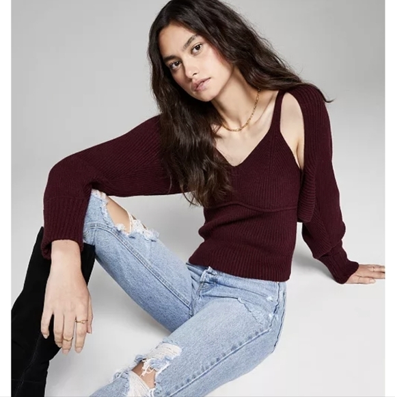 𝅺AND Now This Burgundy Cocoon Sweater Twin Set Juniors Maroon L - Picture 1 of 16